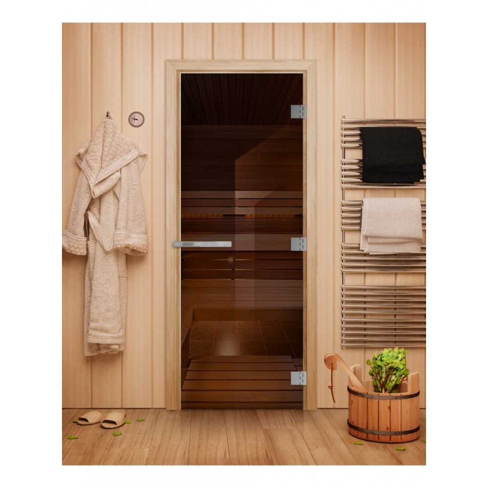Дверь стеклянная DoorWood 600*1900 "Теплый день" стекло бронза прозрачная 8 мм, коробка ольха, ручка алюминий/дерево